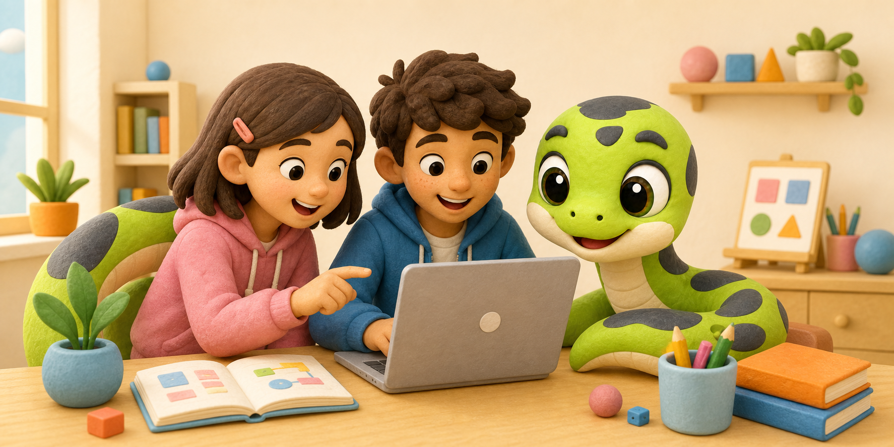 Two children and The snake mascot explore a project on a computer