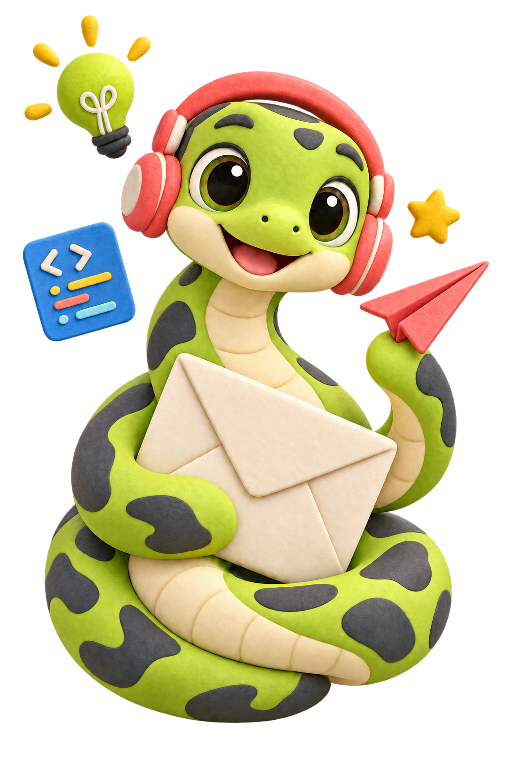 The snake mascot, a cheerful green anaconda with an envelope and headphones