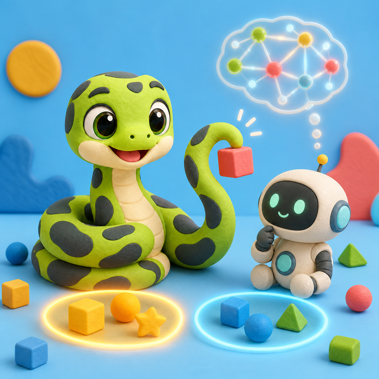 The snake mascot shows a little robot how AI learns from examples