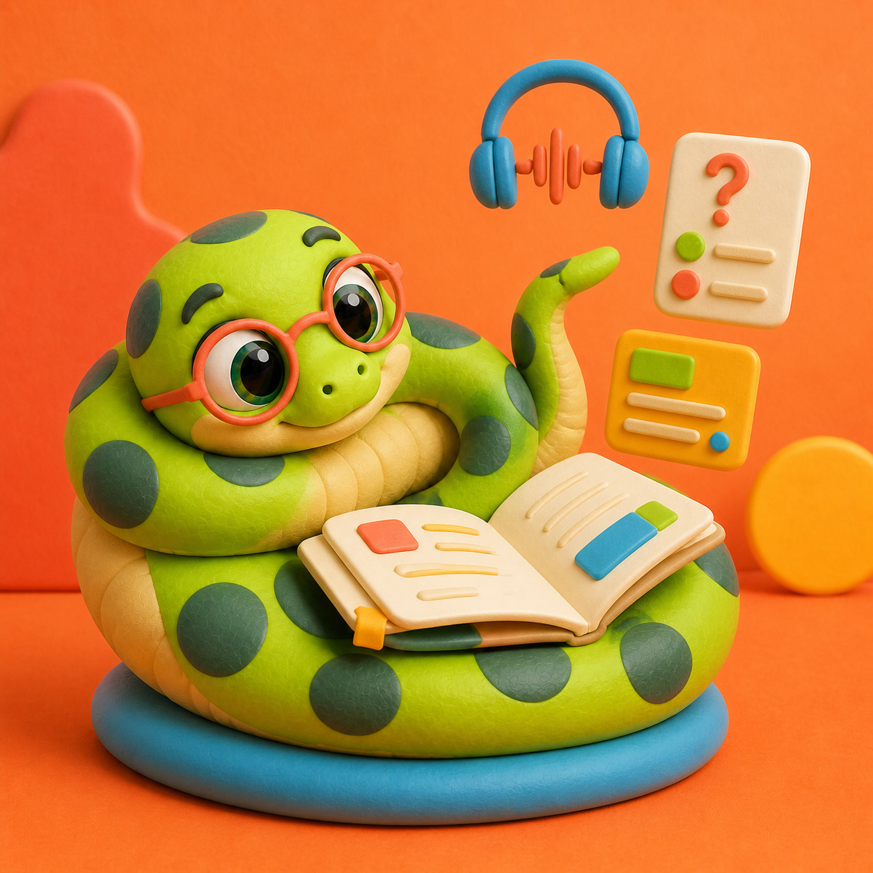 The snake mascot turns notes into a summary, quiz and audio overview
