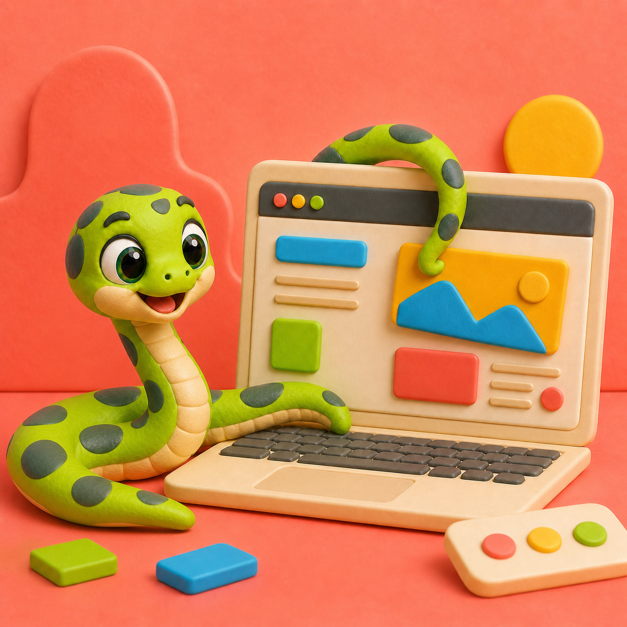 The snake mascot puts together a web app on a laptop